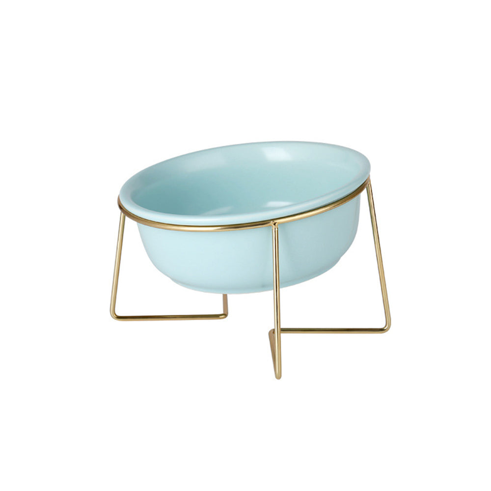 HKM-7493565 Tilted Ceramic Cat Bowl with Stainless Steel Base - Modern Design for Elevated Feeding