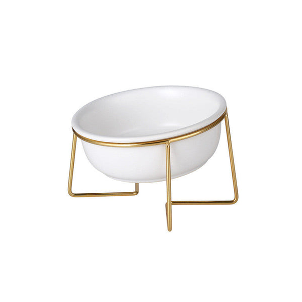 HKM-7493565 Tilted Ceramic Cat Bowl with Stainless Steel Base - Modern Design for Elevated Feeding