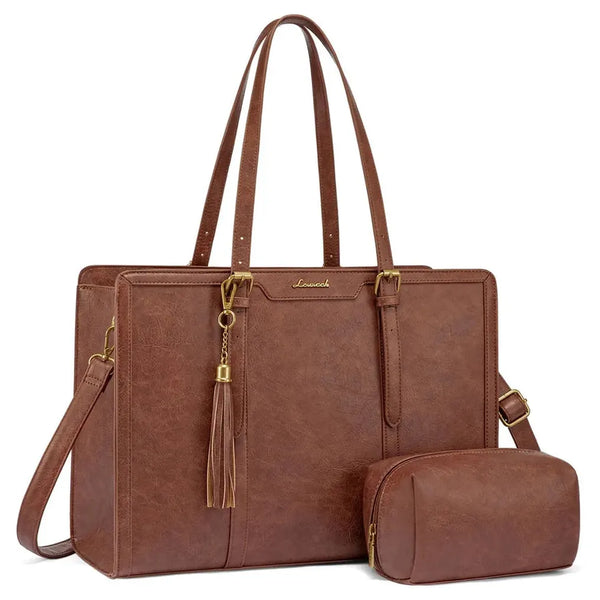 HKM-749715 Vintage Leather Laptop Tote Bag for 15.6 Inch Devices with Clutch Purse for Work