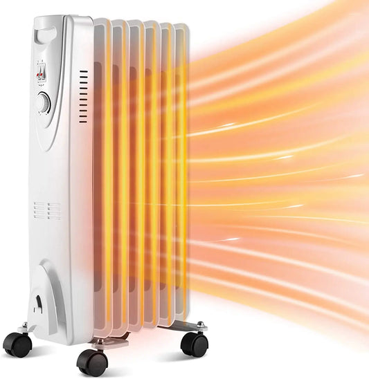 HKM-749779 Freestanding Oil Filled Radiator Heater with Adjustable Thermostat and Overheat Protection, 5 to 13 Fins, 220-240V