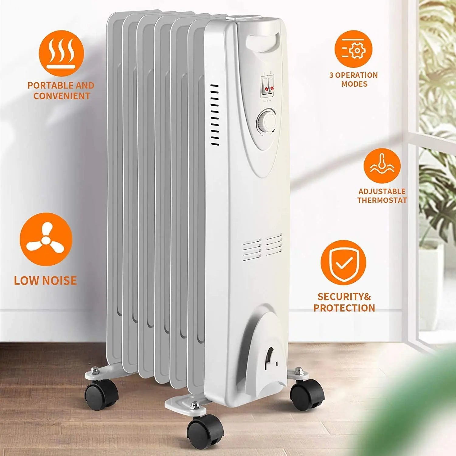 HKM-749779 Freestanding Oil Filled Radiator Heater with Adjustable Thermostat and Overheat Protection, 5 to 13 Fins, 220-240V