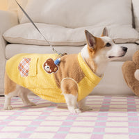 HKM-7497917 Cute Bear Embroidered Fleece Dog Jacket with Plaid Pockets and Zipper Closure for Small Dogs
