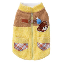 HKM-7497917 Cute Bear Embroidered Fleece Dog Jacket with Plaid Pockets and Zipper Closure for Small Dogs