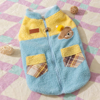 HKM-7497917 Cute Bear Embroidered Fleece Dog Jacket with Plaid Pockets and Zipper Closure for Small Dogs
