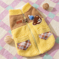 HKM-7497917 Cute Bear Embroidered Fleece Dog Jacket with Plaid Pockets and Zipper Closure for Small Dogs