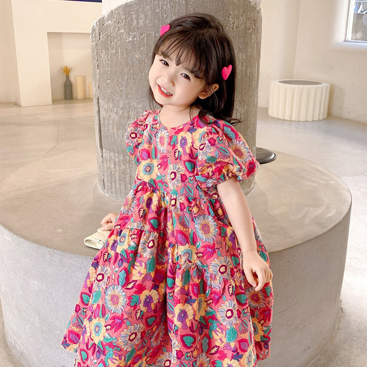 HKM-749843 Peach Pink Printed Mother-Daughter Skirt in 100% Cotton with Floral Design