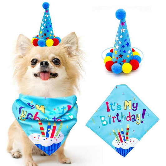 HKM-749907 Pet Birthday Party Set for Dogs and Cats - Pink/Blue Scarf and Hat Combo