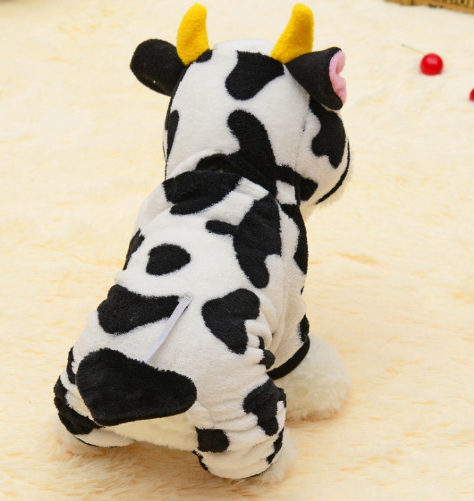 HKM-7503293 Warm Cow Costume Sweater for Dogs and Cats - Hooded Winter Jumpsuit, Sizes XS to XL