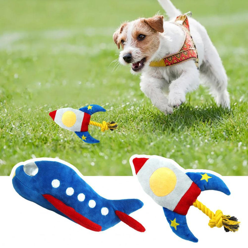 HKM-7506365 Durable Plush Dog and Cat Toy - Airplane/Rocket Shape, Bite-Resistant, Sound Feature, Teething & Dental Care