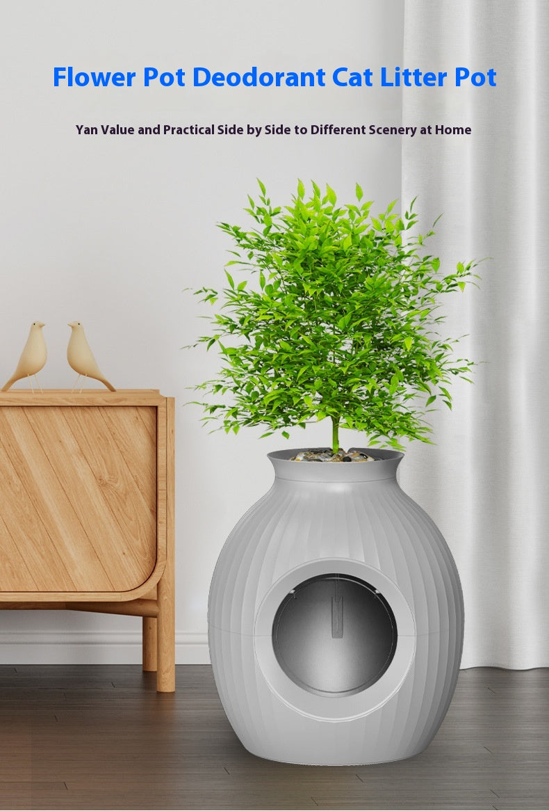 HKM-7508541 Flower Pot Style Enclosed Litter Box in Gray, White, and Pink - Durable ABS Plastic Design