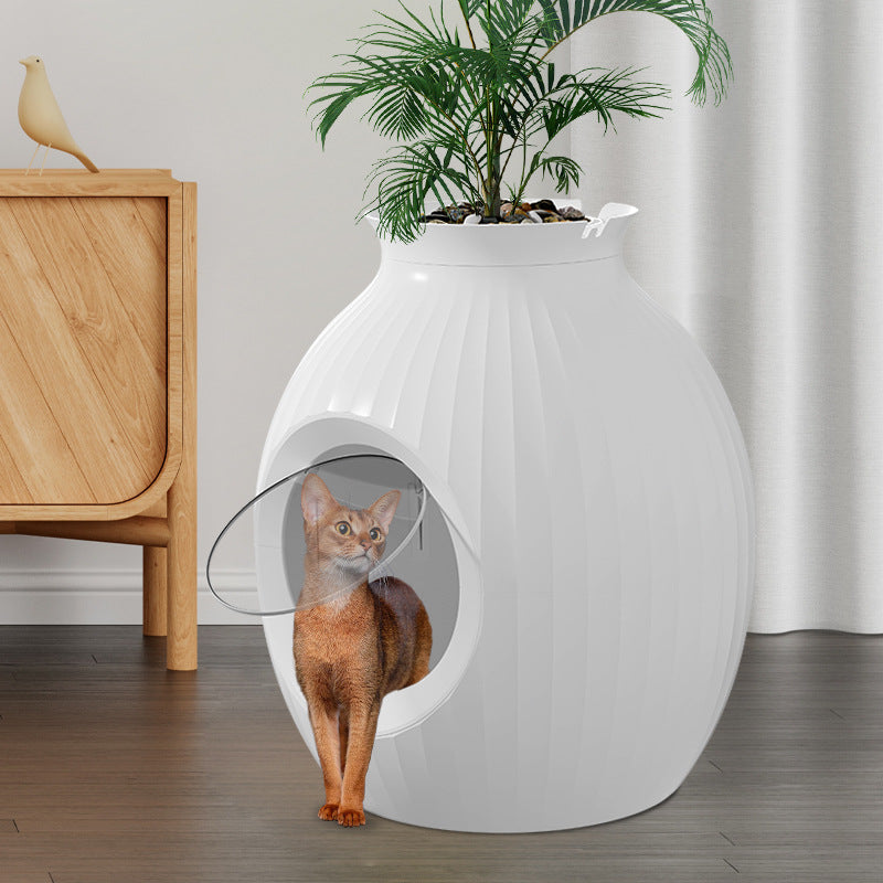 HKM-7508541 Flower Pot Style Enclosed Litter Box in Gray, White, and Pink - Durable ABS Plastic Design