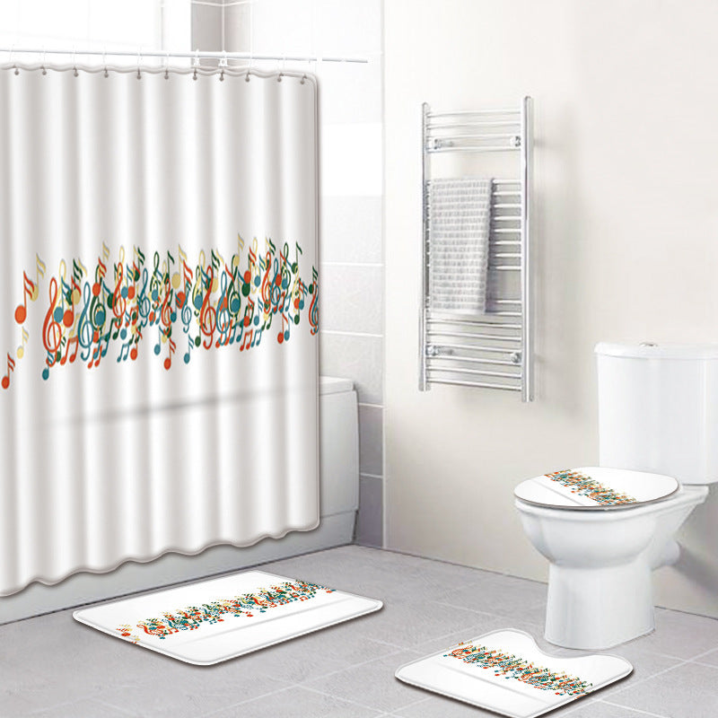 HKM-750995 Music Note Colorful Bathroom Carpet and Shower Curtain Set - Water-Absorbent Non-Slip Mat, 4-Piece Collection