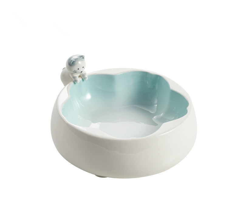 HKM-7510845 Sakura Ceramic Cat Bowl in Pink and Green ¨C 200g Grain & 300ml Water Capacity, Hand-Glazed Design