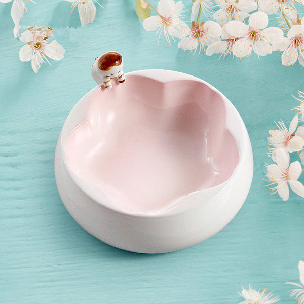 HKM-7510845 Sakura Ceramic Cat Bowl in Pink and Green ¨C 200g Grain & 300ml Water Capacity, Hand-Glazed Design