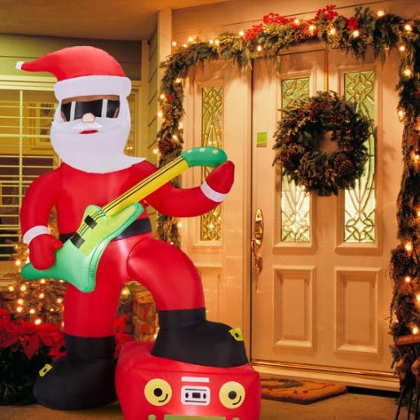 HKM-751443 5FT Inflatable Black Santa Playing Guitar with LED Lights, Durable Christmas Yard Decoration