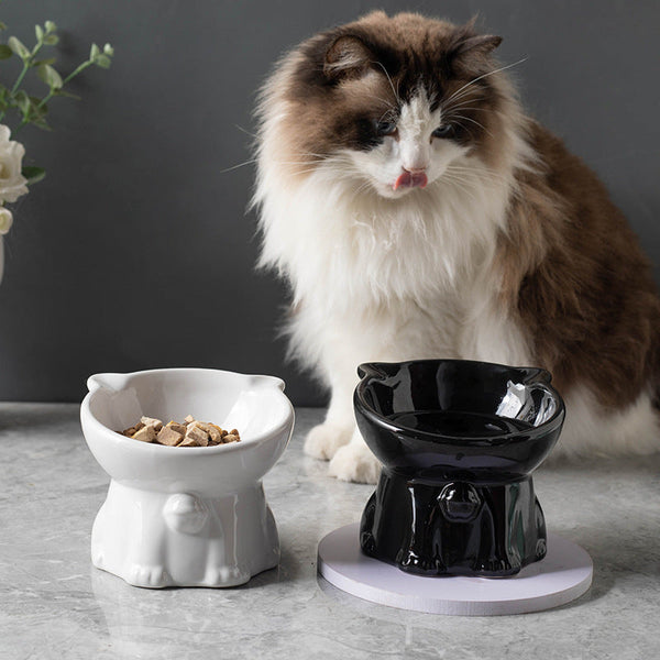 HKM-7516605 Cute Ceramic High Foot Cat Bowl in Black ¨C Perfect for Pets