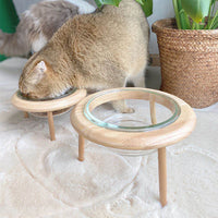 HKM-7520573 Elegant Glass and Beech Pet Bowl - Available in Large (800ml) and Small (480ml) for Cats and Dogs