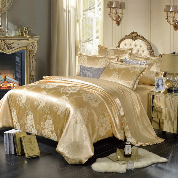 HKM-752083 Cotton Satin 4-Piece Bedding Set with Lace Design - Various Sizes Available