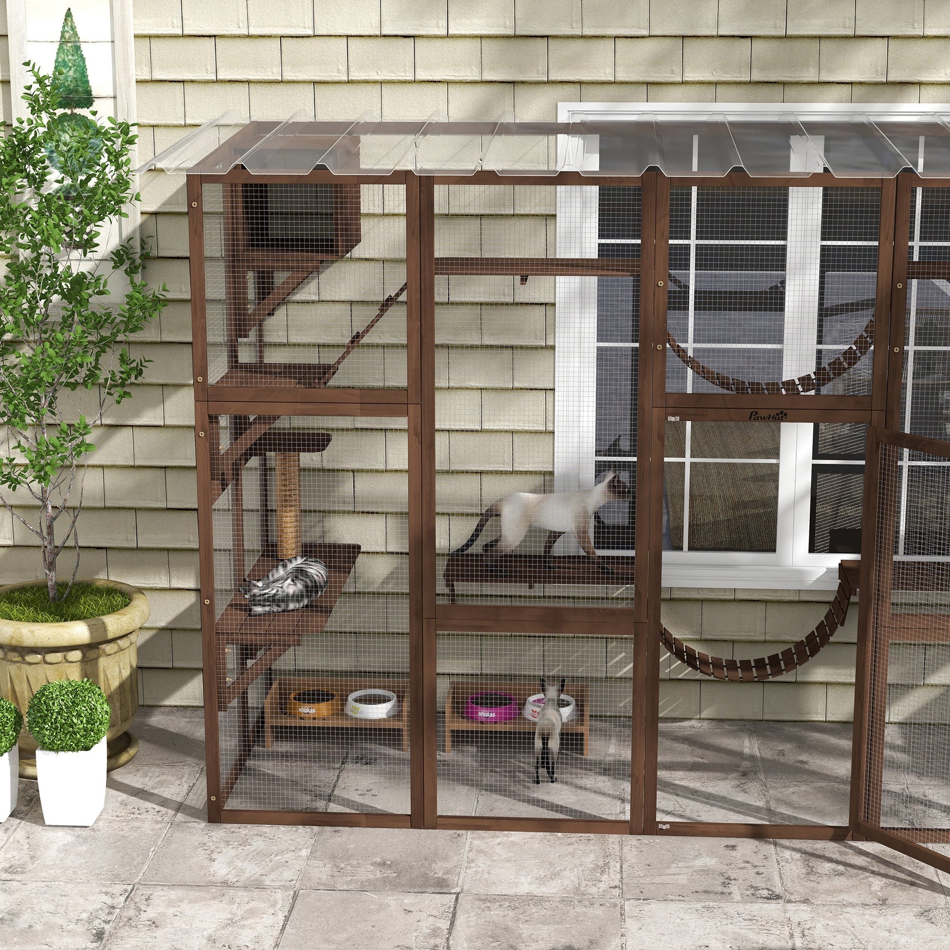 HKM-7526205 Outdoor Cat Window Box Enclosure with Shelves, Bridges, and Ramps for Multiple Cats