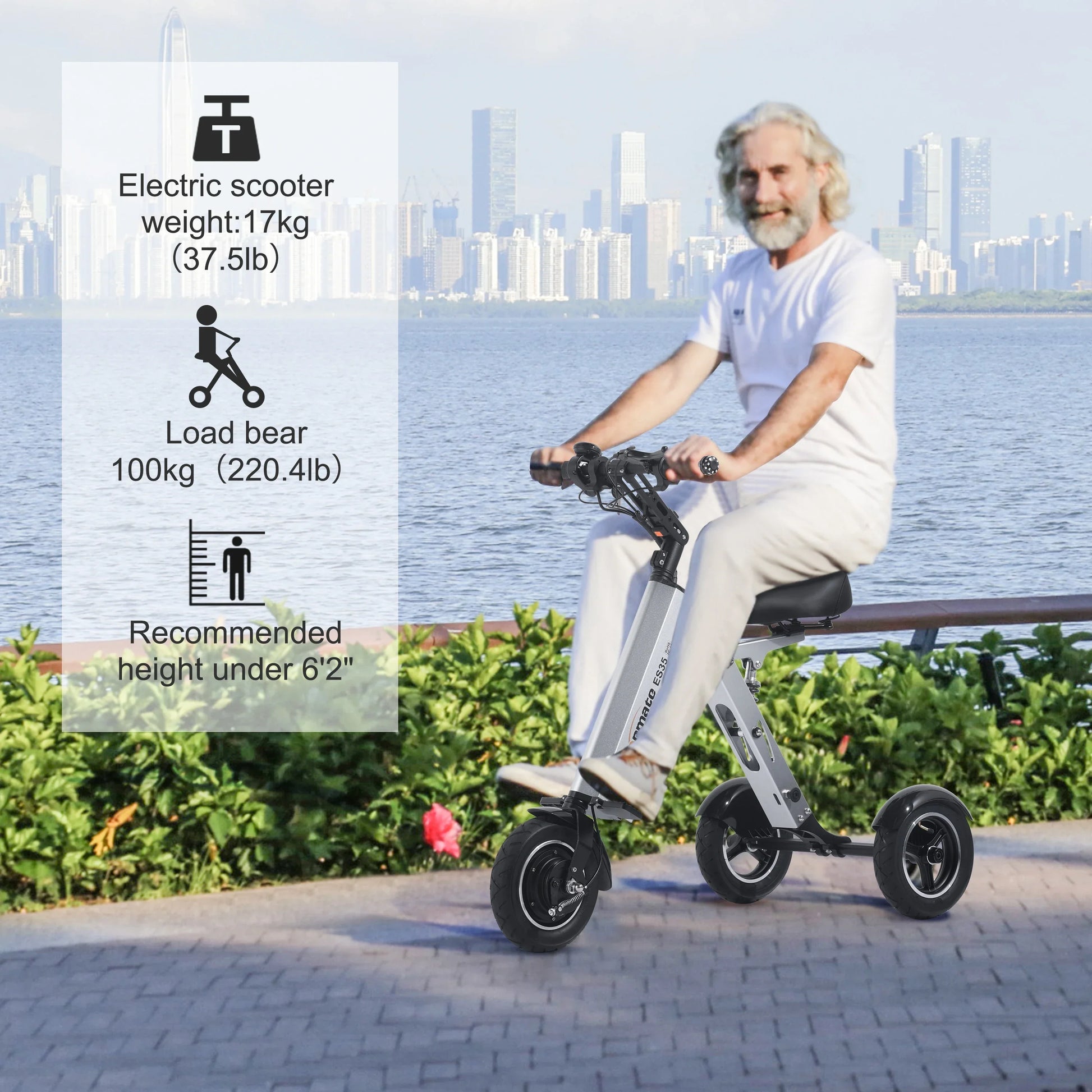 HKM-752659 Electric Folding Tricycle Mobility Scooter for Adults - Lightweight with Removable Battery, 10-Inch Tires, 30km Range