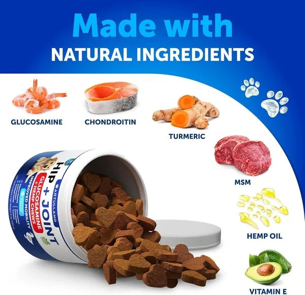 HKM-7531965 Hemp Infused Hip and Joint Support Chews for Dogs - Glucosamine, Chondroitin, Turmeric, Duck Flavor