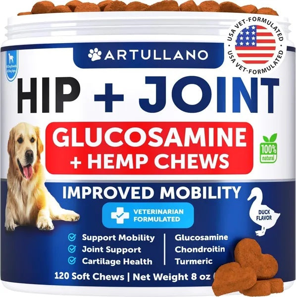 HKM-7531965 Hemp Infused Hip and Joint Support Chews for Dogs - Glucosamine, Chondroitin, Turmeric, Duck Flavor