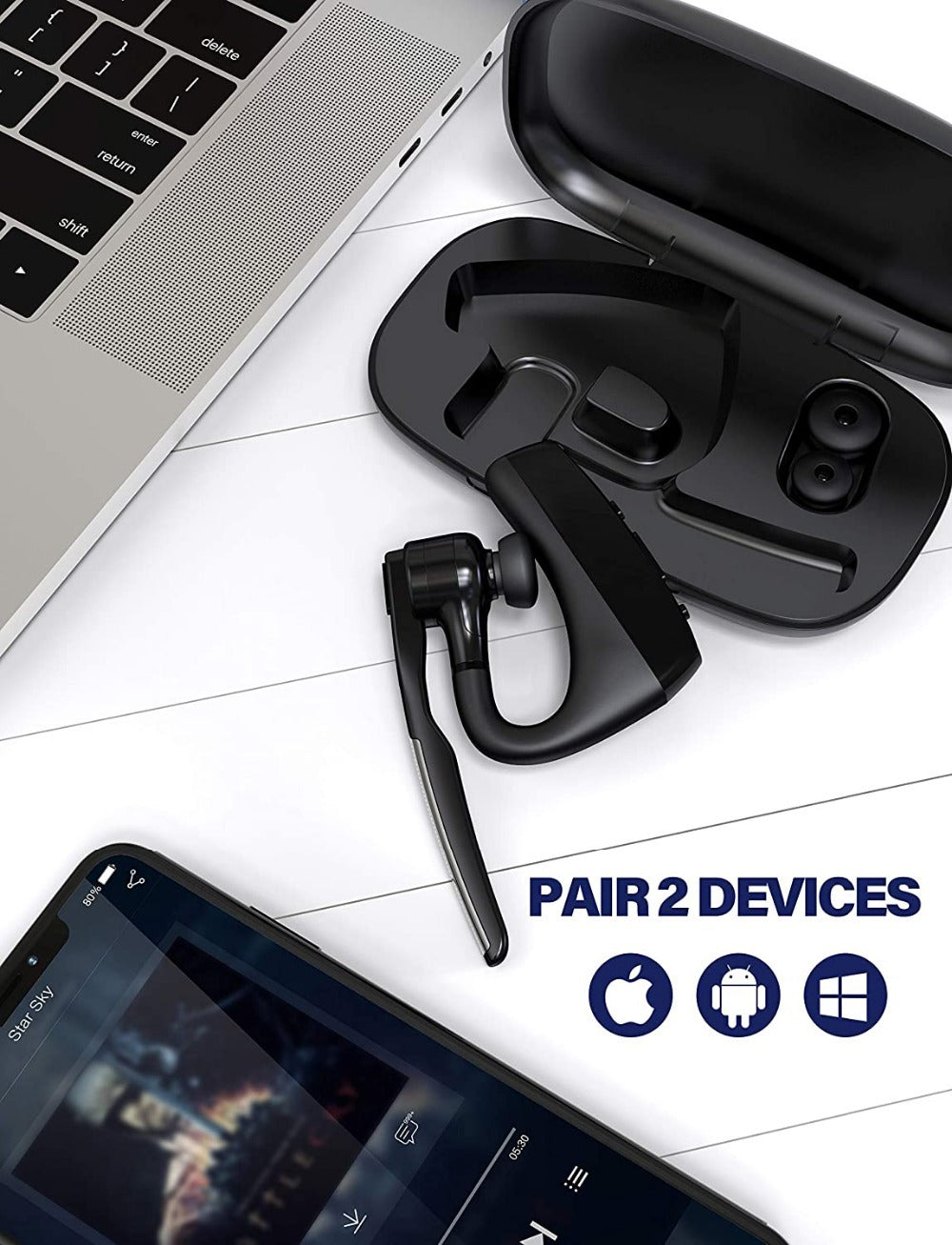 HKM-753491 Bluetooth Wireless Headset with Noise Cancellation and Long Battery Life