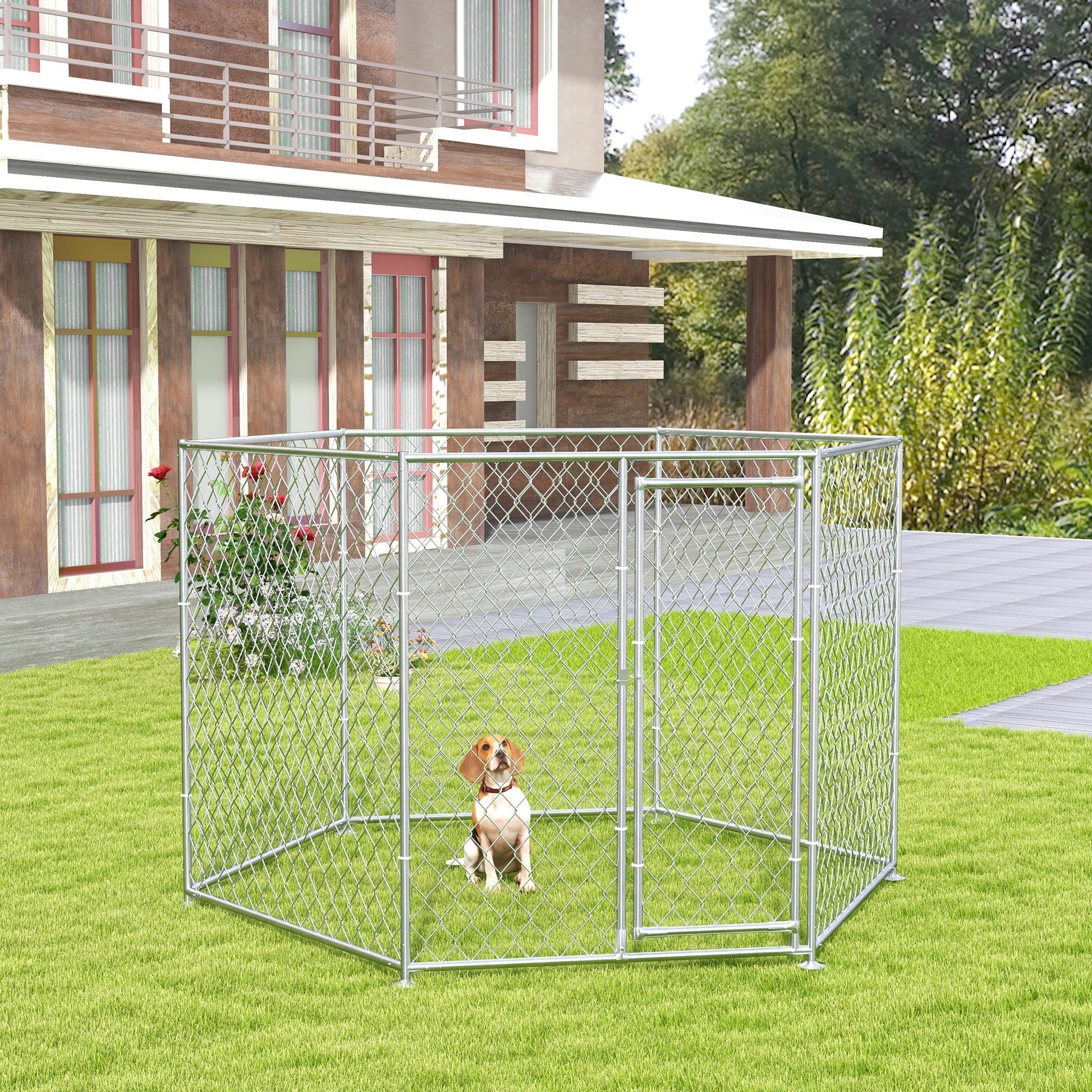 HKM-7535549 Outdoor Dog Kennel for Medium and Large Dogs with Lockable Walk-In Door and Spacious Design