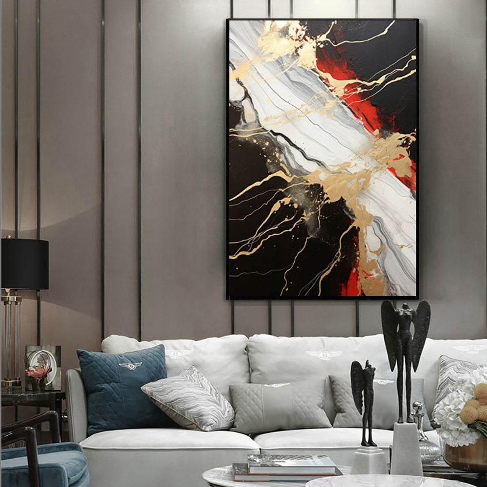 HKM-753555 Abstract Handmade Oil Painting in Gold, Black, and Red – Vertical Canvas Wall Art for Contemporary Home Decor
