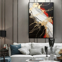 HKM-753555 Abstract Handmade Oil Painting in Gold, Black, and Red – Vertical Canvas Wall Art for Contemporary Home Decor