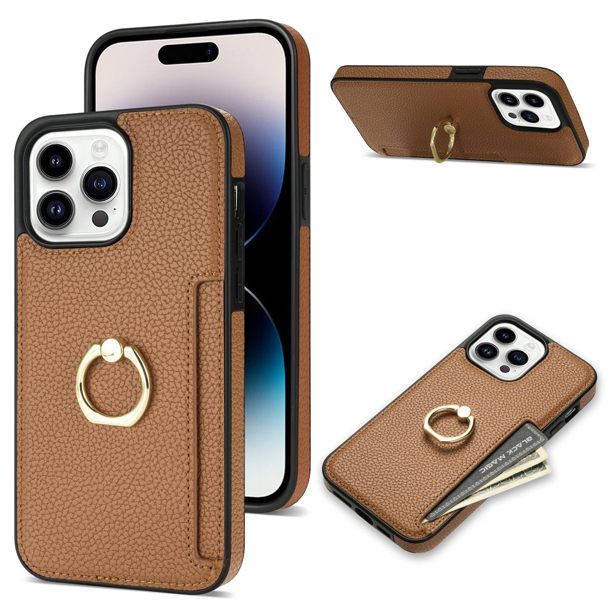 HKM-753555 Litchi Pattern Anti-Fall Ring Bracket Card Wallet Case for iPhone 14 Series