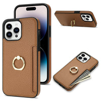 HKM-753555 Litchi Pattern Anti-Fall Ring Bracket Card Wallet Case for iPhone 14 Series