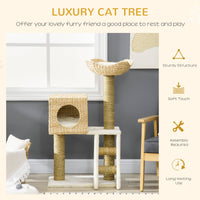HKM-7540925 Indoor Cat Climbing Tower with Rattan Condo, Cushioned Basket Bed, and Ladder for Healthy Play and Rest