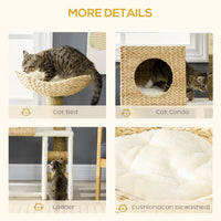 HKM-7540925 Indoor Cat Climbing Tower with Rattan Condo, Cushioned Basket Bed, and Ladder for Healthy Play and Rest