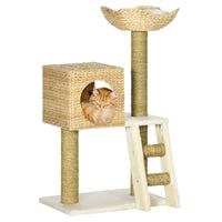 HKM-7540925 Indoor Cat Climbing Tower with Rattan Condo, Cushioned Basket Bed, and Ladder for Healthy Play and Rest