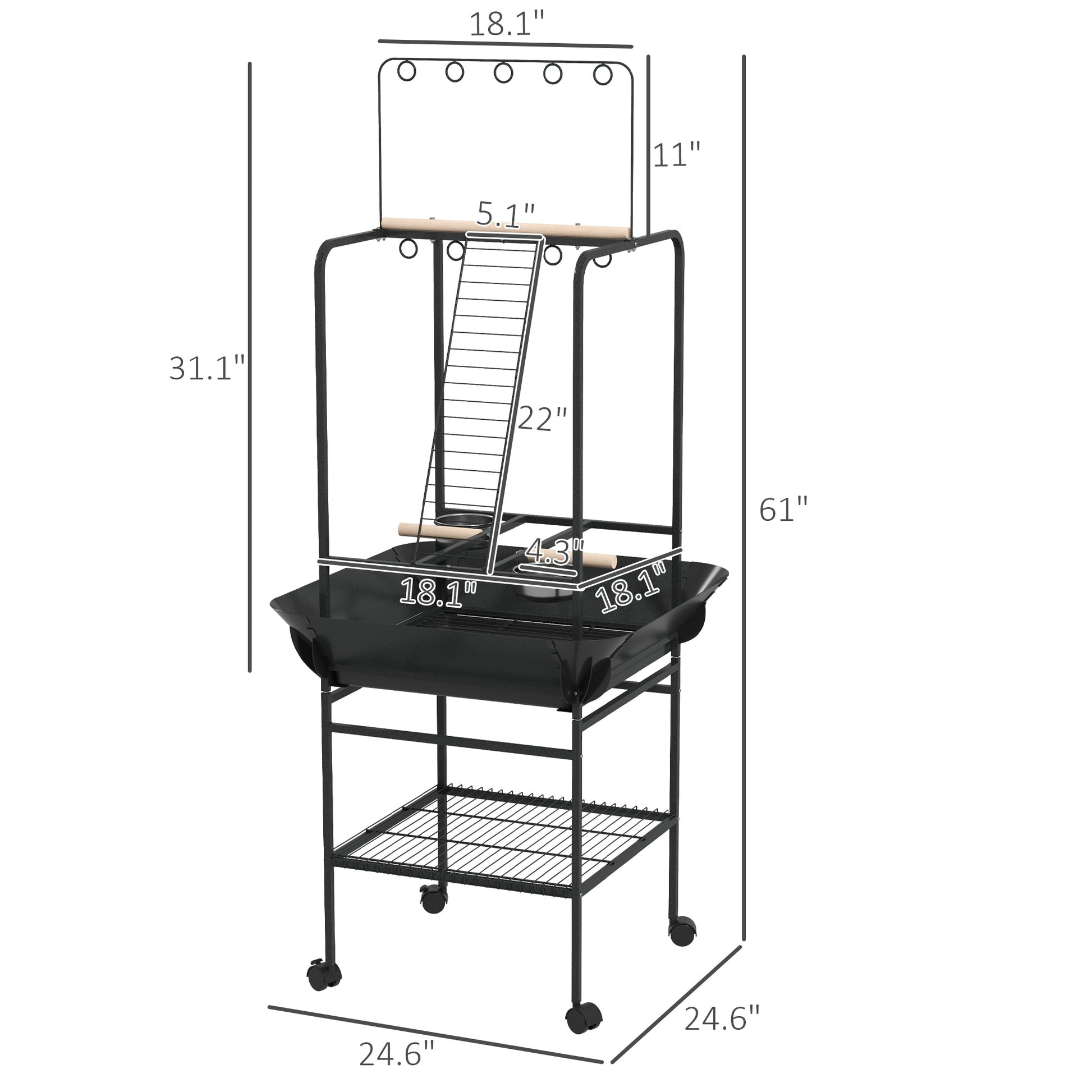 HKM-7545277 Dark Gray Bird Stand with Wheels, Perches, Stainless Steel Bowls, and Pull-Out Tray for Small Parrots