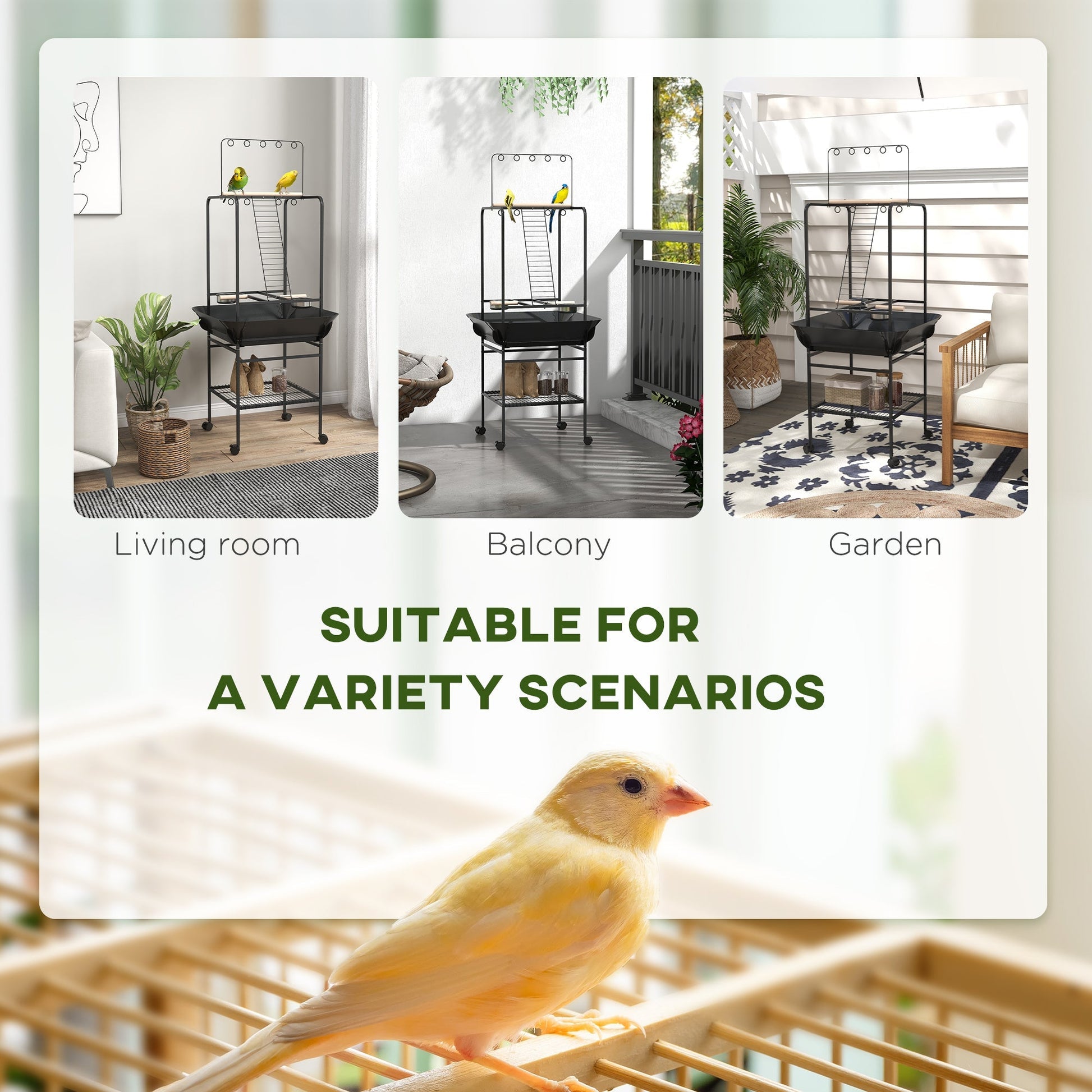 HKM-7545277 Dark Gray Bird Stand with Wheels, Perches, Stainless Steel Bowls, and Pull-Out Tray for Small Parrots