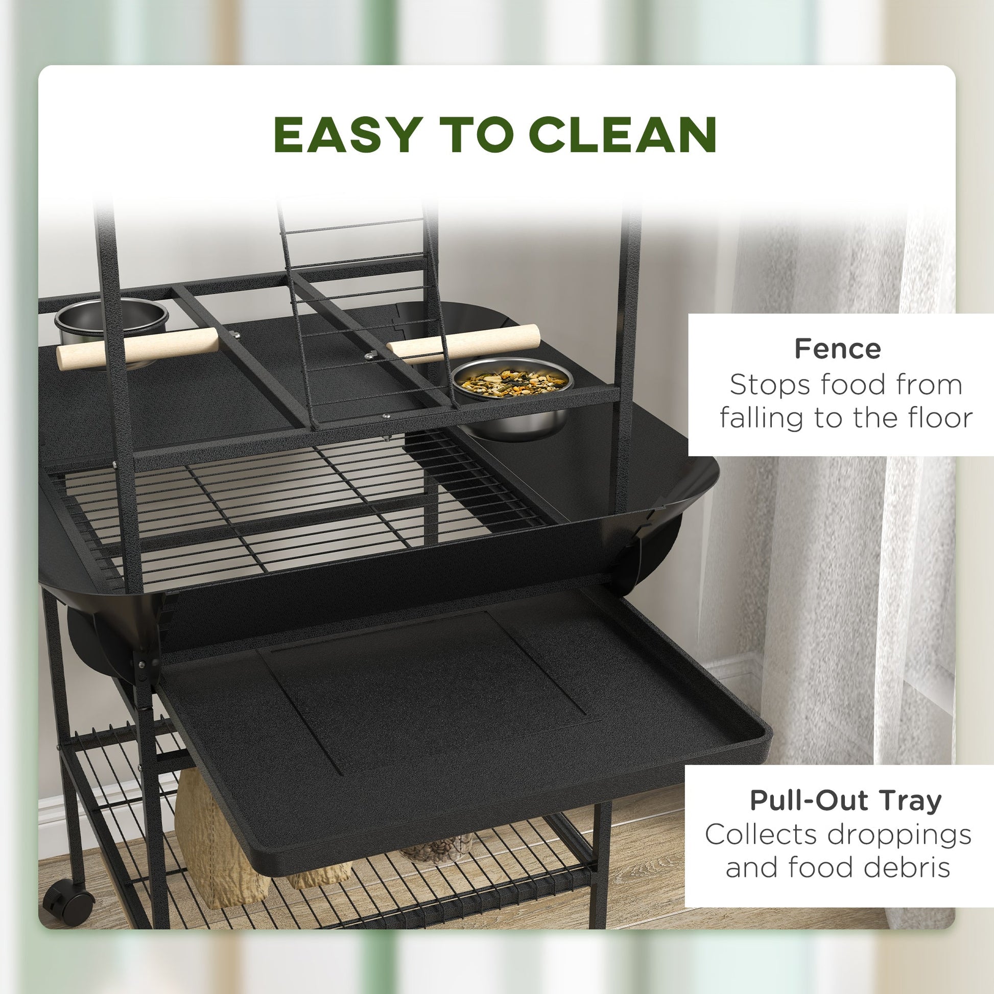 HKM-7545277 Dark Gray Bird Stand with Wheels, Perches, Stainless Steel Bowls, and Pull-Out Tray for Small Parrots