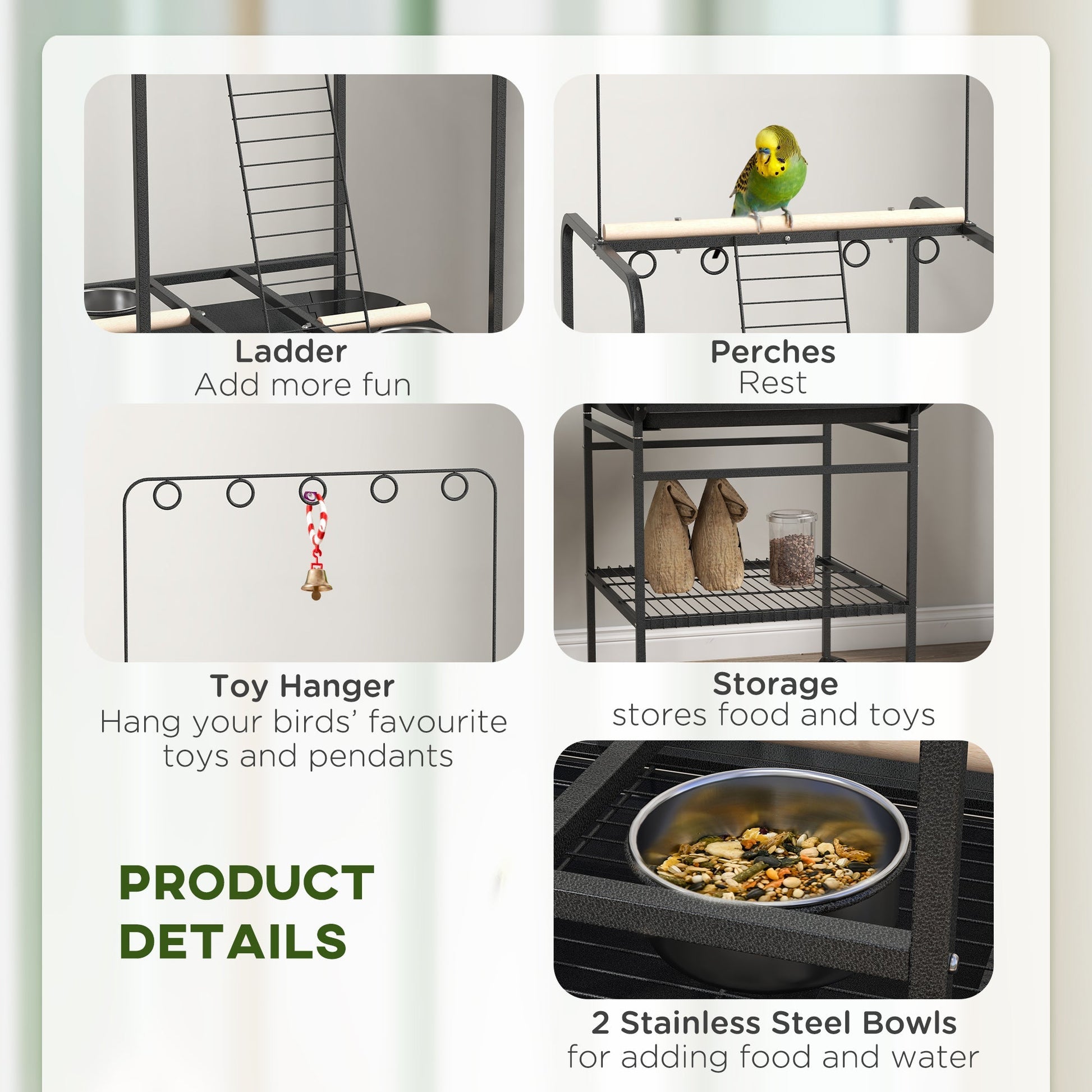 HKM-7545277 Dark Gray Bird Stand with Wheels, Perches, Stainless Steel Bowls, and Pull-Out Tray for Small Parrots