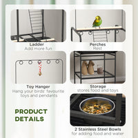 HKM-7545277 Dark Gray Bird Stand with Wheels, Perches, Stainless Steel Bowls, and Pull-Out Tray for Small Parrots