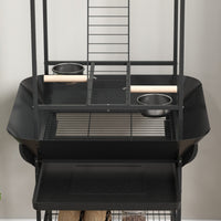 HKM-7545277 Dark Gray Bird Stand with Wheels, Perches, Stainless Steel Bowls, and Pull-Out Tray for Small Parrots