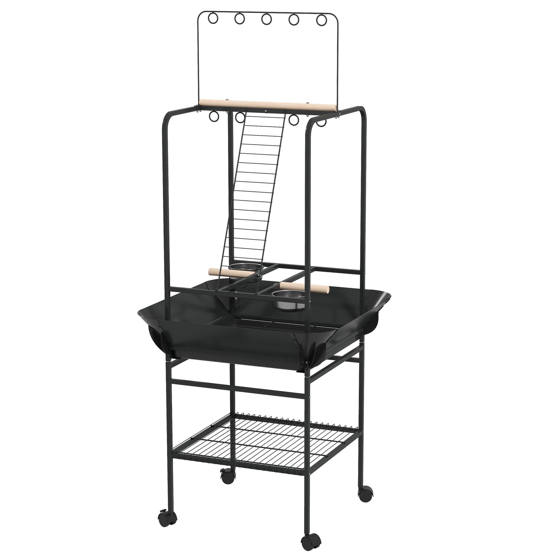 HKM-7545277 Dark Gray Bird Stand with Wheels, Perches, Stainless Steel Bowls, and Pull-Out Tray for Small Parrots