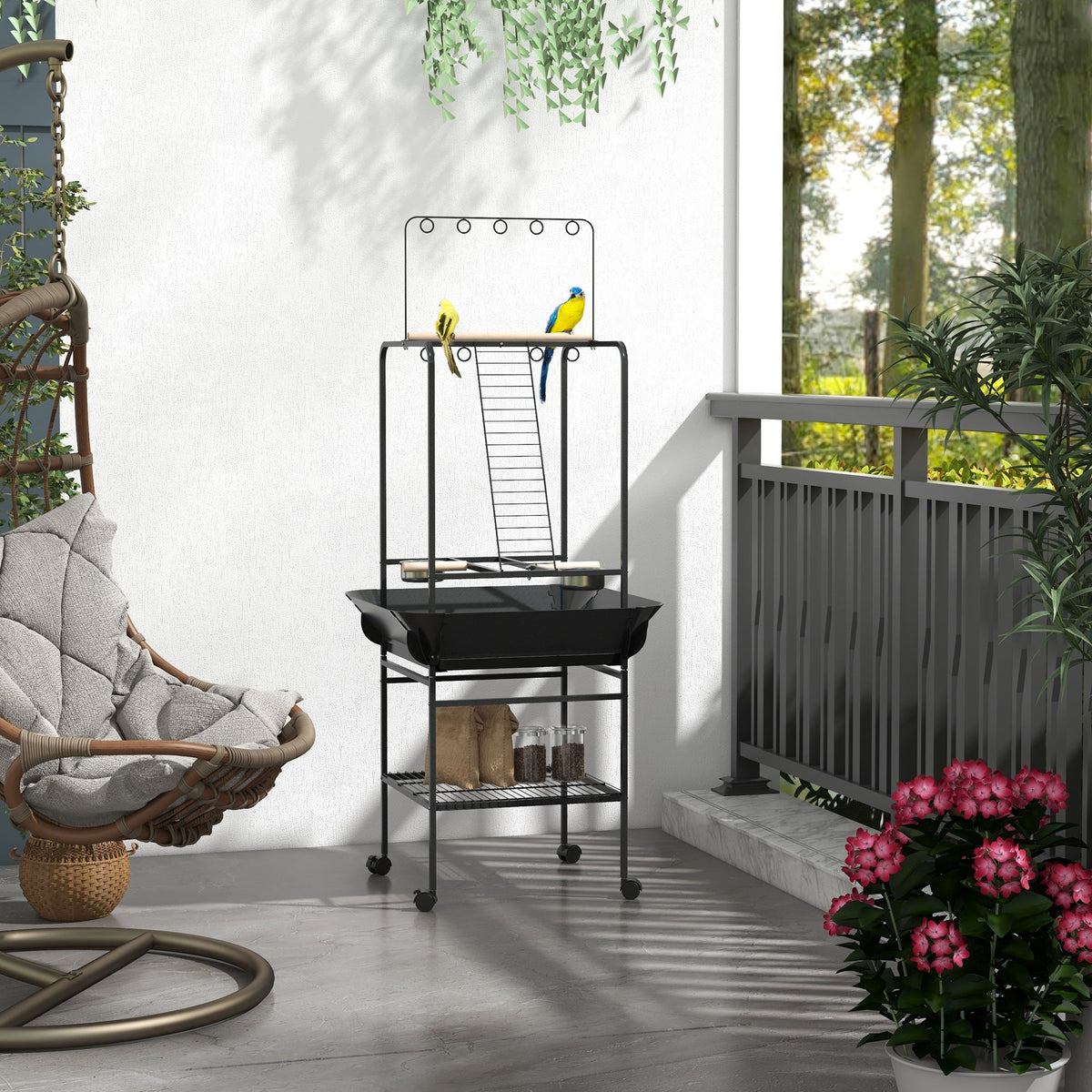 HKM-7545277 Dark Gray Bird Stand with Wheels, Perches, Stainless Steel Bowls, and Pull-Out Tray for Small Parrots