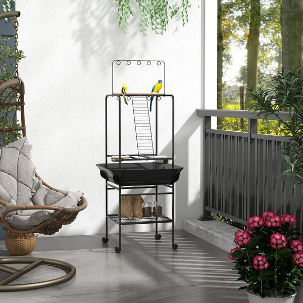 HKM-7545277 Dark Gray Bird Stand with Wheels, Perches, Stainless Steel Bowls, and Pull-Out Tray for Small Parrots
