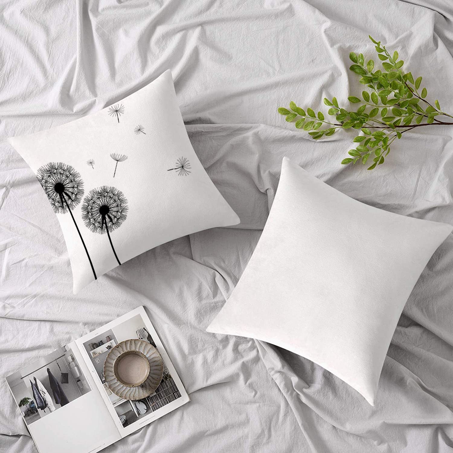 HKM-754771 Dandelion Print Linen Pillow Cover, 45x45cm Modern Decorative Cushion for Sofa and Bedroom