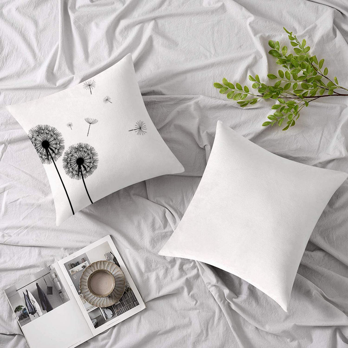 HKM-754771 Dandelion Print Linen Pillow Cover, 45x45cm Modern Decorative Cushion for Sofa and Bedroom