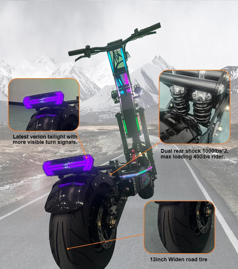 HKM-754963 Folding Electric Scooter with 10000W Dual Motor, 72V 40Ah Battery, 13-Inch Fat Tires, Bluetooth, RGB Lights