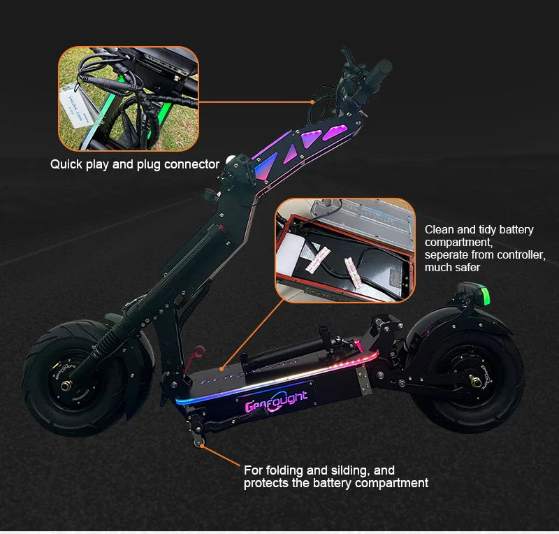 HKM-754963 Folding Electric Scooter with 10000W Dual Motor, 72V 40Ah Battery, 13-Inch Fat Tires, Bluetooth, RGB Lights