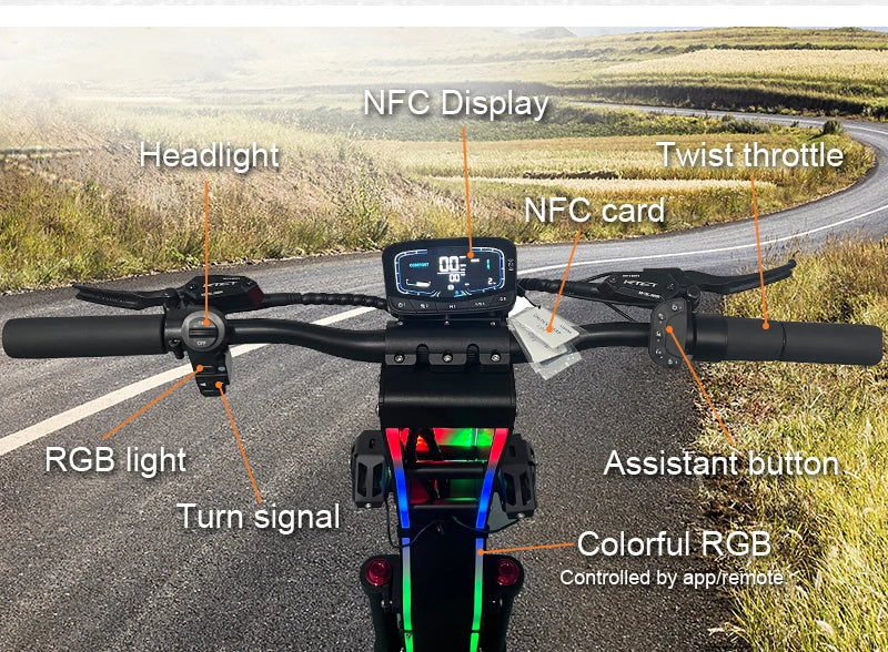 HKM-754963 Folding Electric Scooter with 10000W Dual Motor, 72V 40Ah Battery, 13-Inch Fat Tires, Bluetooth, RGB Lights