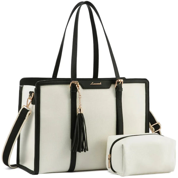 HKM-755155 Spacious PU Leather Canvas Laptop Tote Bag for School and Casual Use